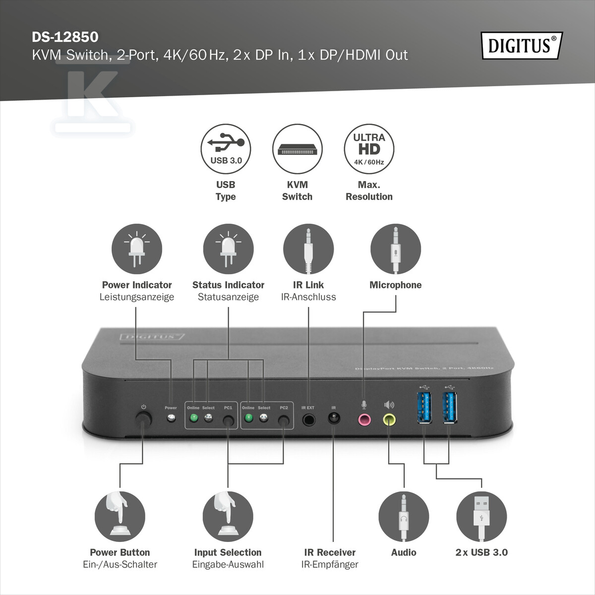 Przełącznik KVM, 2 portowy, 4K 60Hz, - DS-12850
