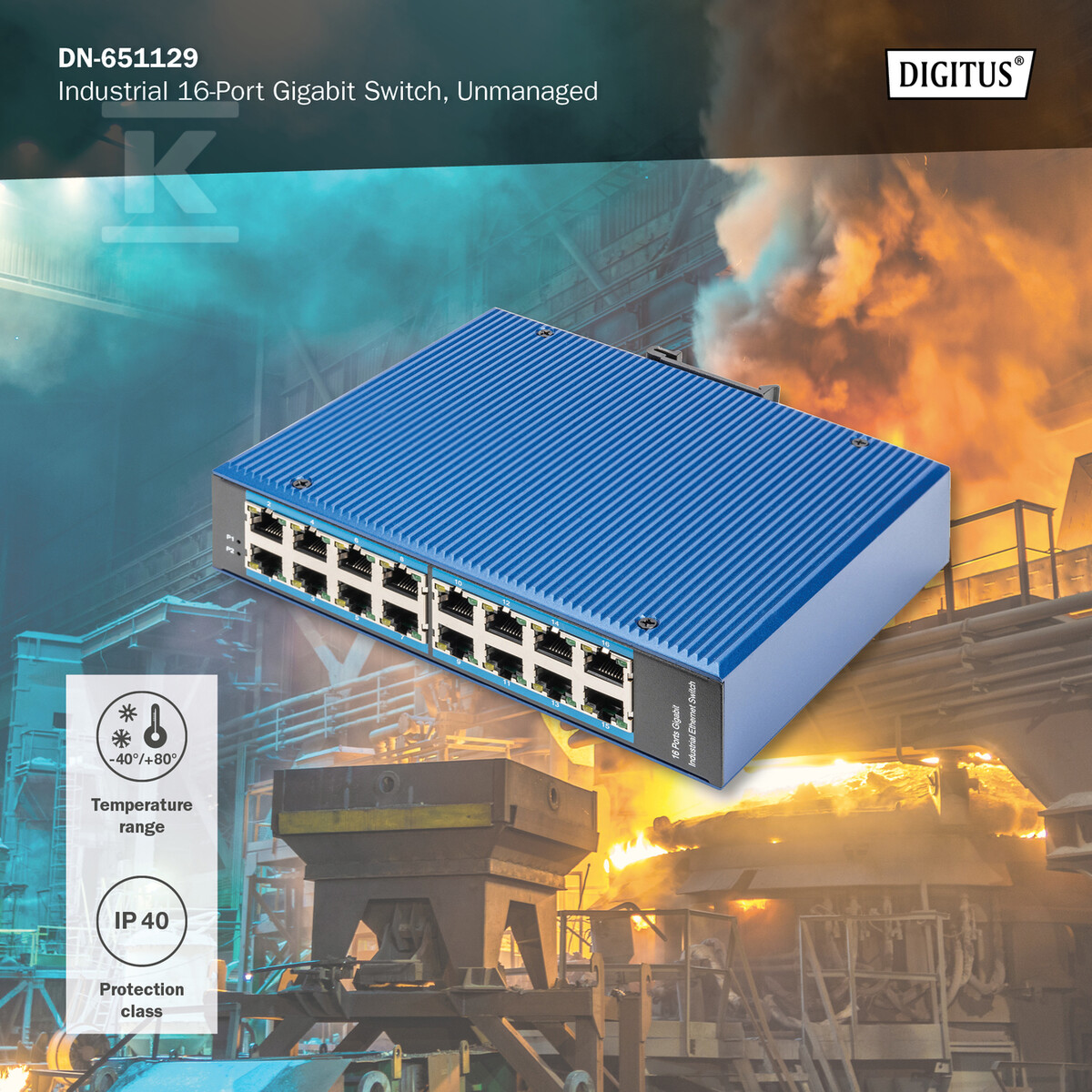 Przemysłowy switch 16x 1000Base-TX DIN - DN-651129