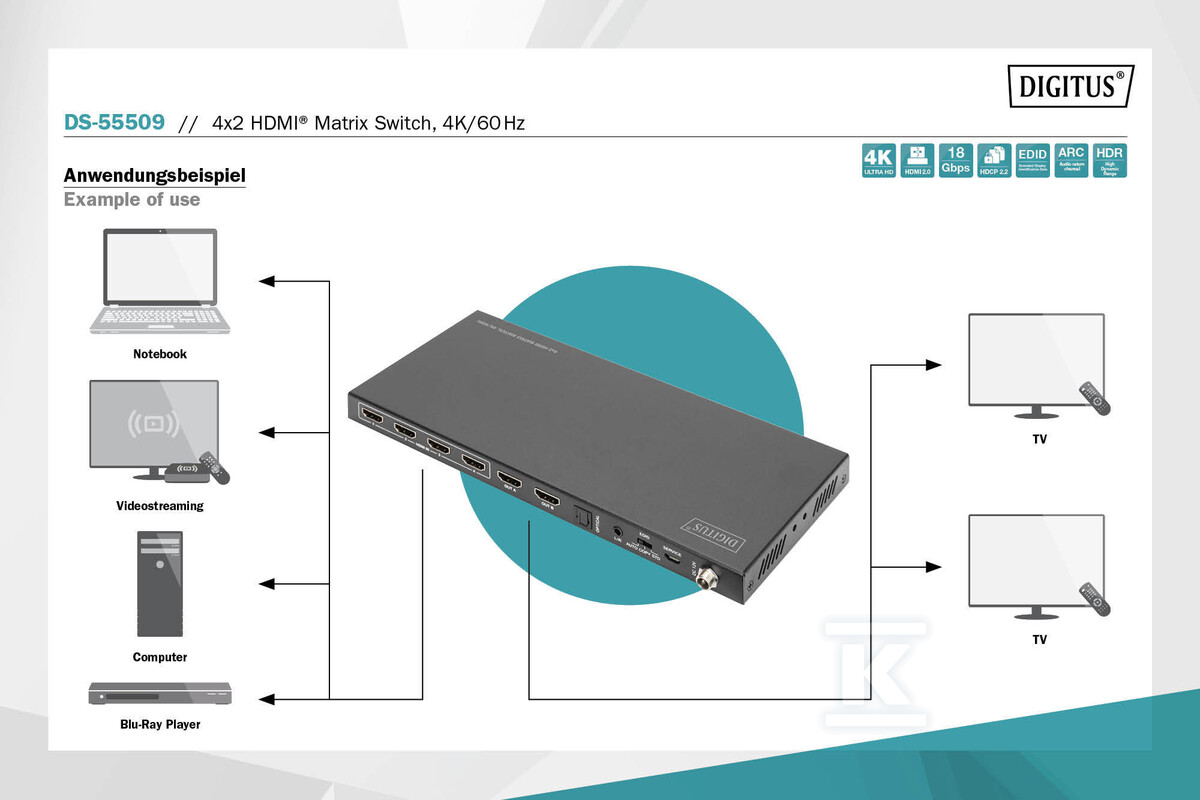 Przełącznik/Matrix HDMI 4/2-porty 4K - DS-55509
