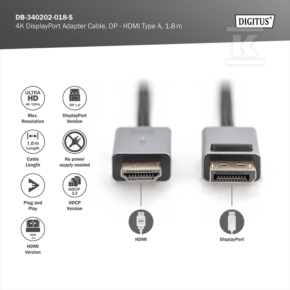 Kabel adapter PREMIUM DisplayPort - - DB-340202-018-S