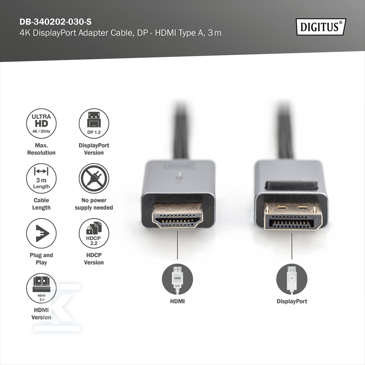 Kabel adapter PREMIUM DisplayPort - - DB-340202-030-S