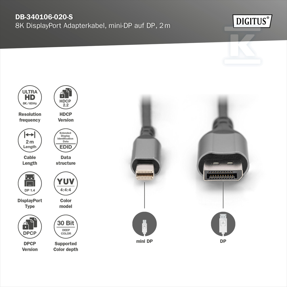 Kabel adapter PREMIUM miniDisplayPort - - DB-340106-020-S
