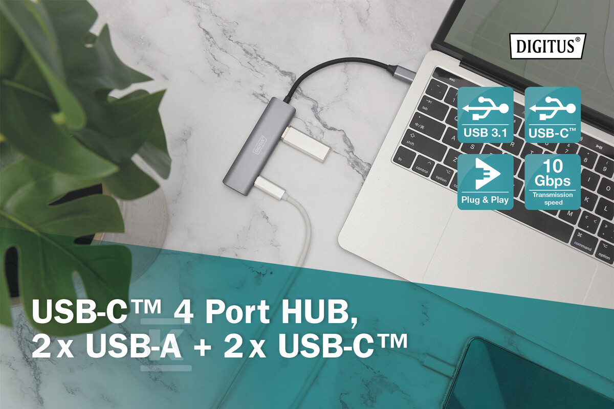 Hub USB Typ C 4-portowy 2x USB-A, 2x - DA-70245