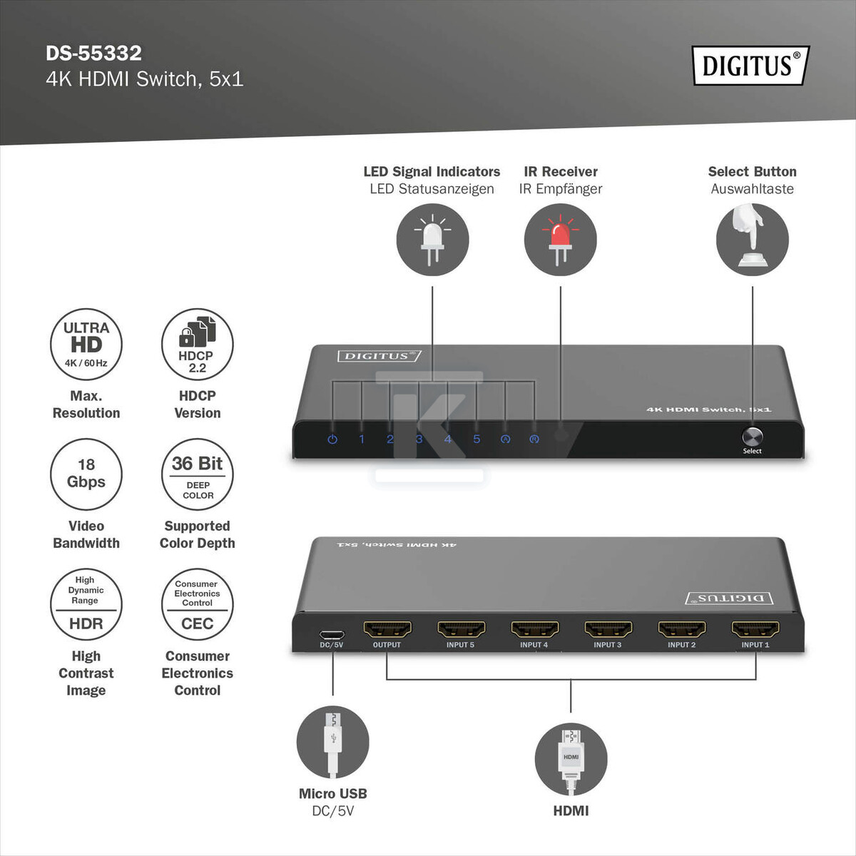 Przełącznik / Switch HDMI 5x1, 4K/60Hz - DS-55332