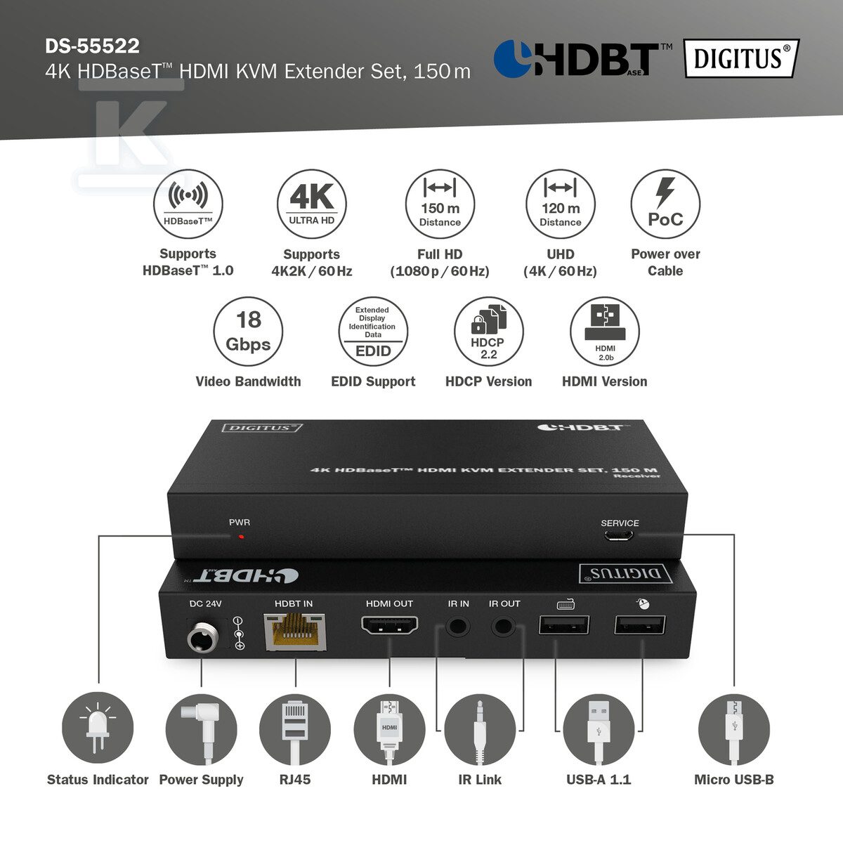 Przedłużacz/Extender HDMI 4K60Hz 150m - DS-55522