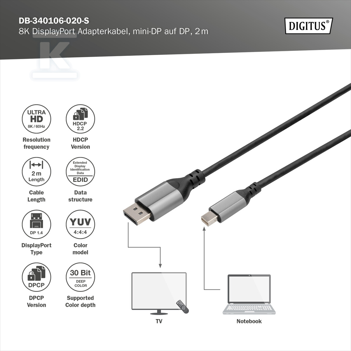 Kabel adapter PREMIUM miniDisplayPort - - DB-340106-020-S