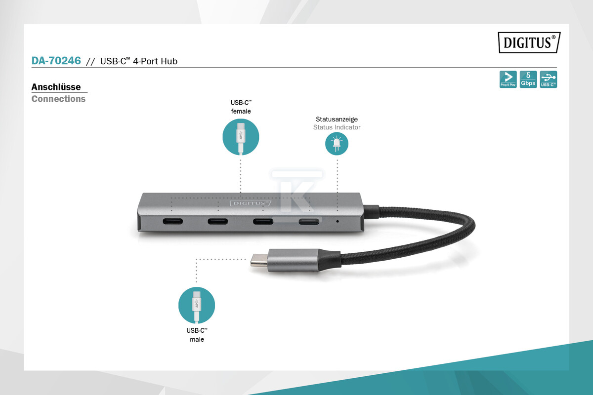 Hub USB Typ C 4-portowy 4x USB Typ C - DA-70246