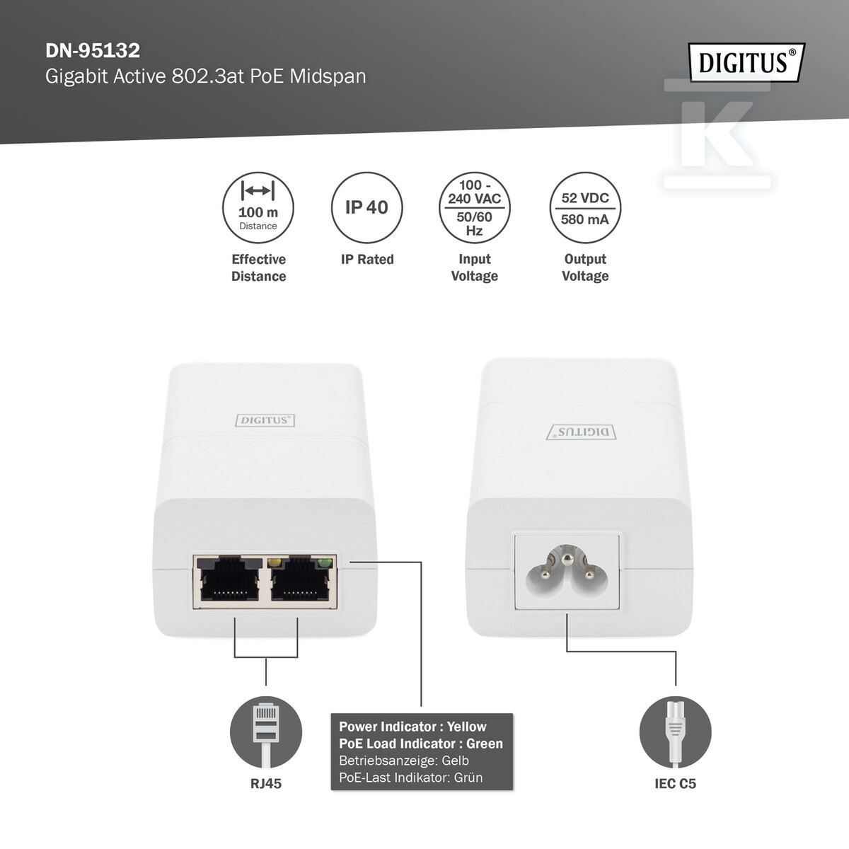 Zasilacz/Adapter PoE+ 802.3at max. 52V - DN-95132