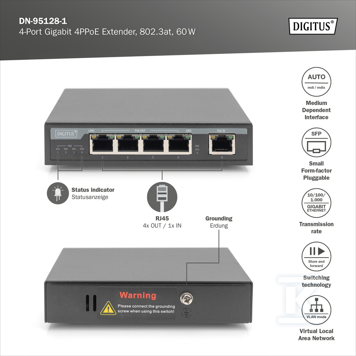 Przedłużacz/Extender PoE+ 4-portowy - DN-95128-1