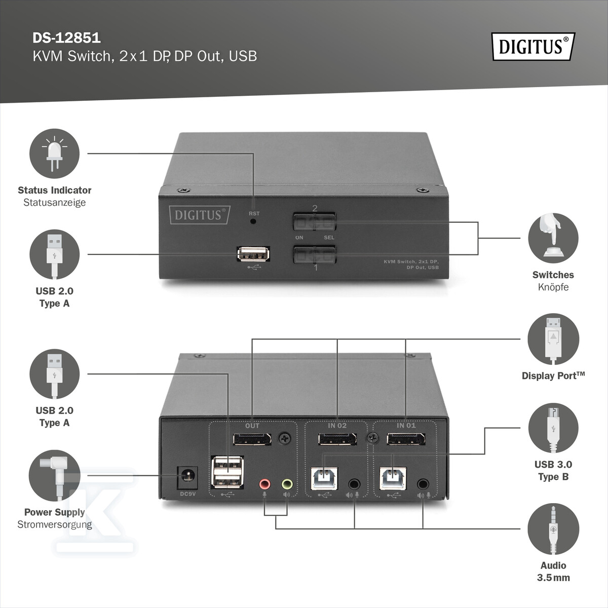 Przełącznik KVM, 2 portowy, 4K 60Hz, - DS-12851