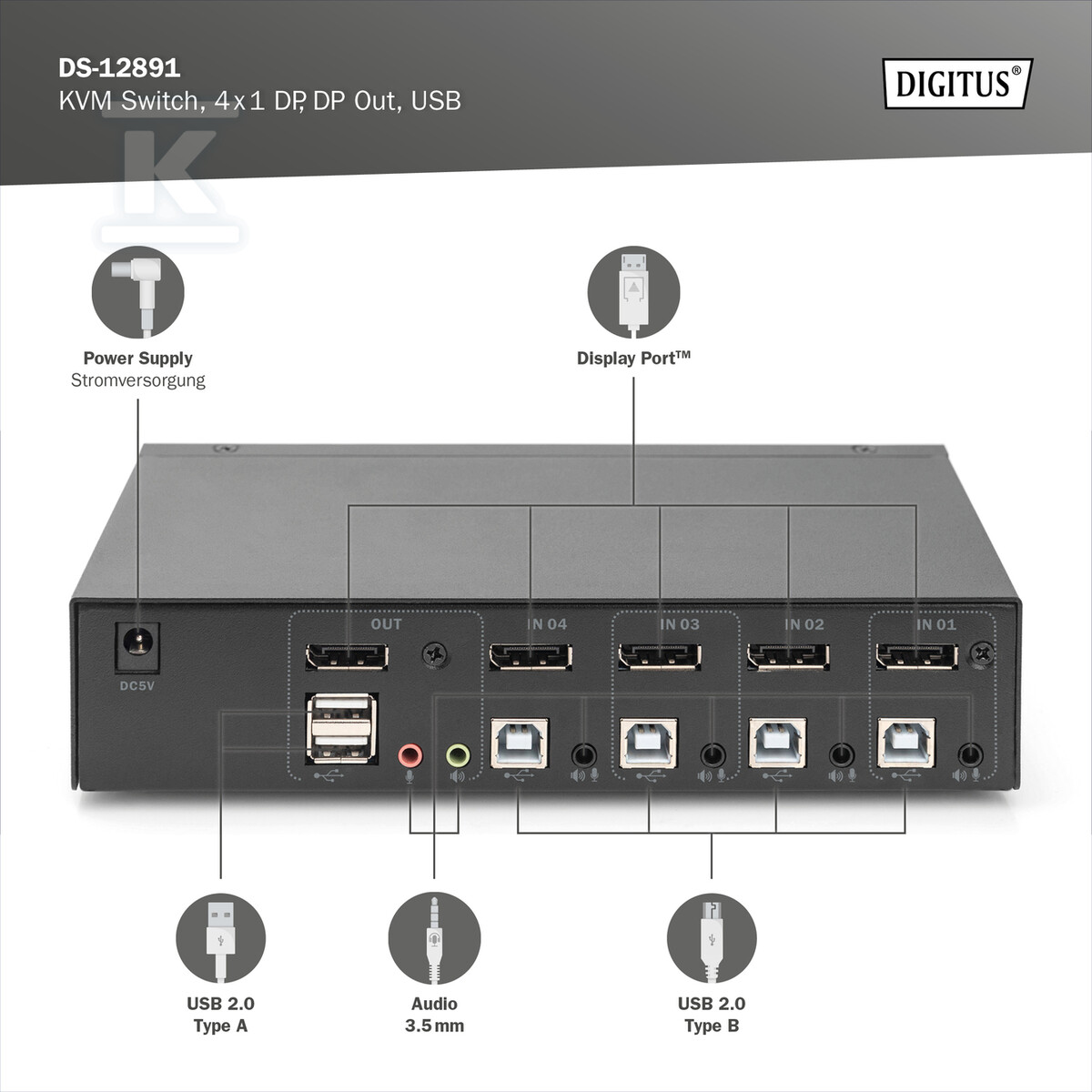 Przełącznik KVM, 4 portowy, 4K 60Hz, - DS-12891
