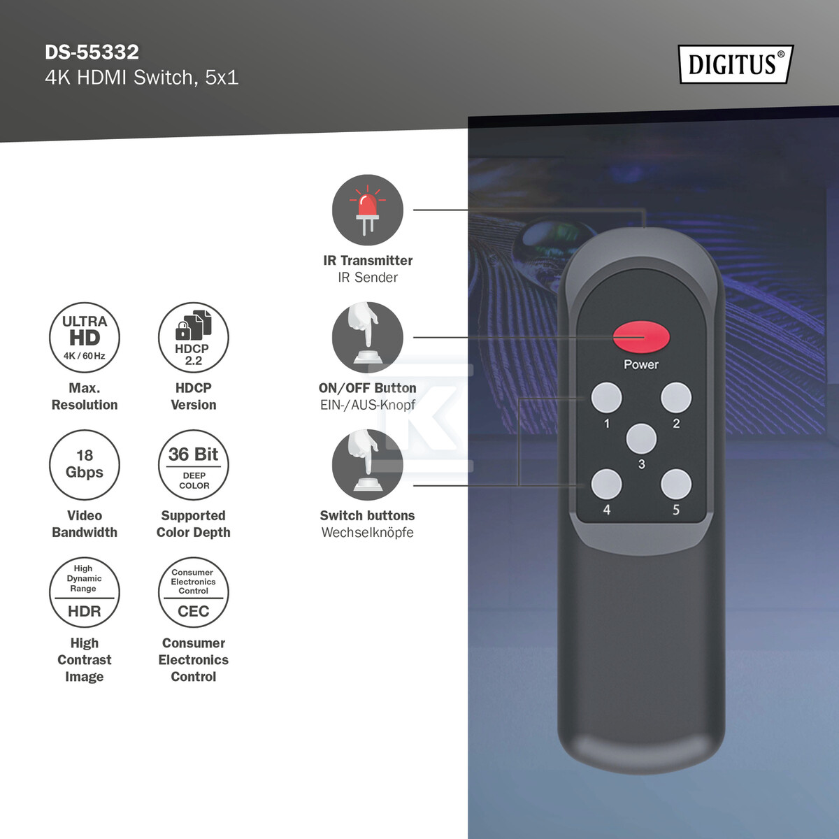 Przełącznik / Switch HDMI 5x1, 4K/60Hz - DS-55332