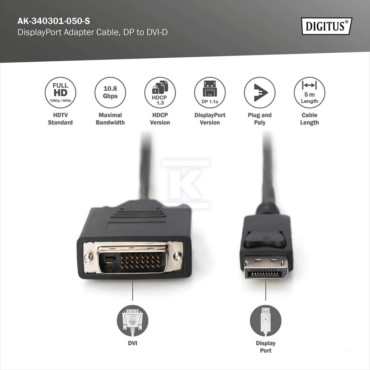 Kabel DP/DVI-D (24+1) M/M z zatrzaskiem - AK-340301-050-S