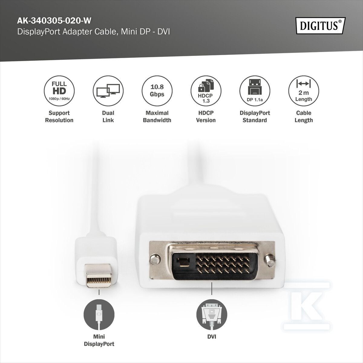 Kabel miniDP/DVI-D (24+1) M/M biały 2m - AK-340305-020-W
