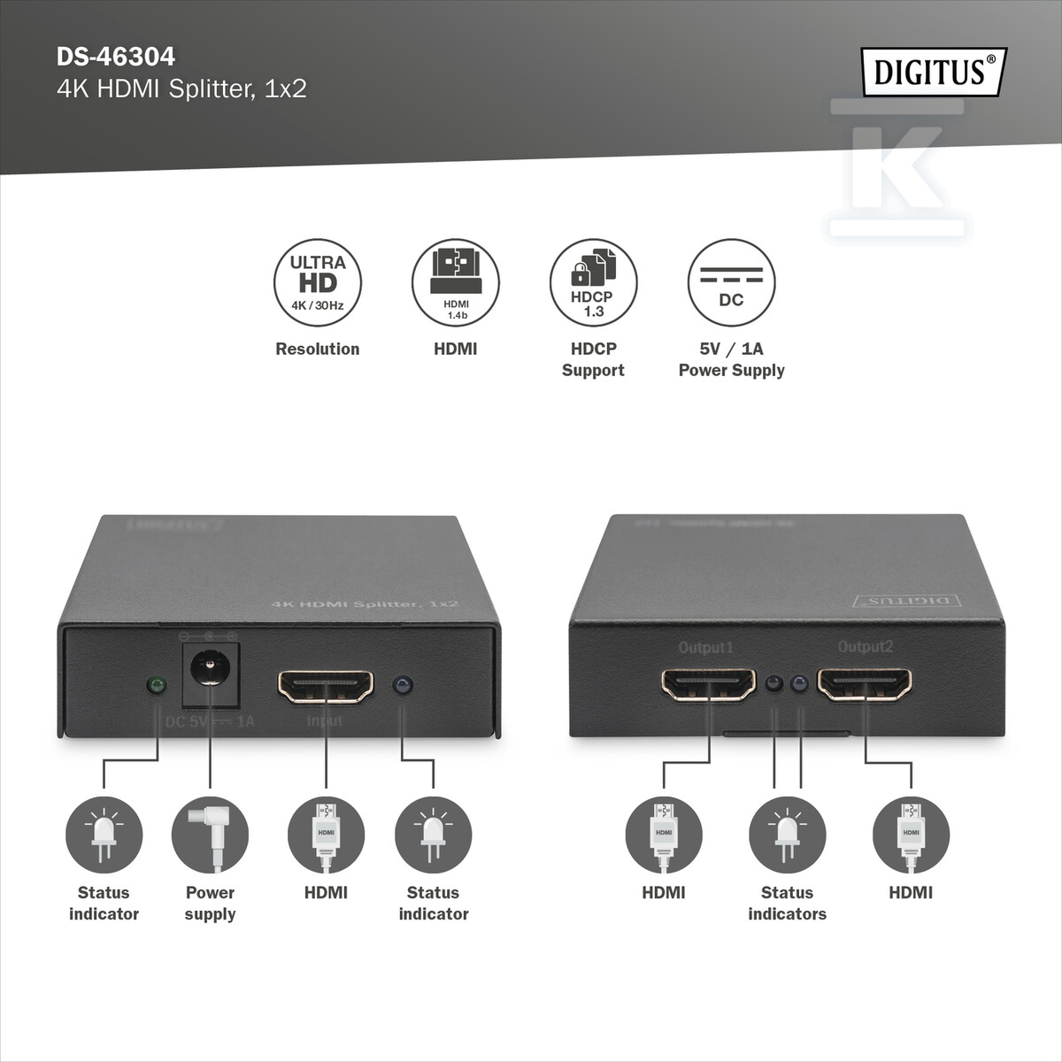 Splitter HDMI 2-portowy UHD4K 30Hz 3D - DS-46304