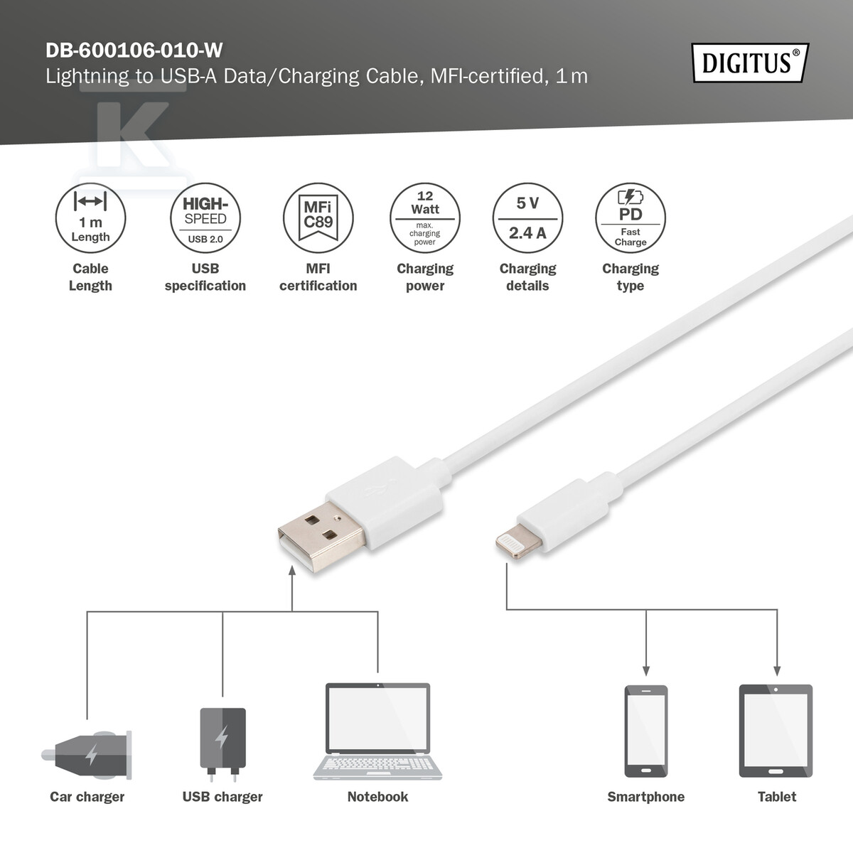 Apple charger/data cable, Apple 8pin - - DB-600106-010-W