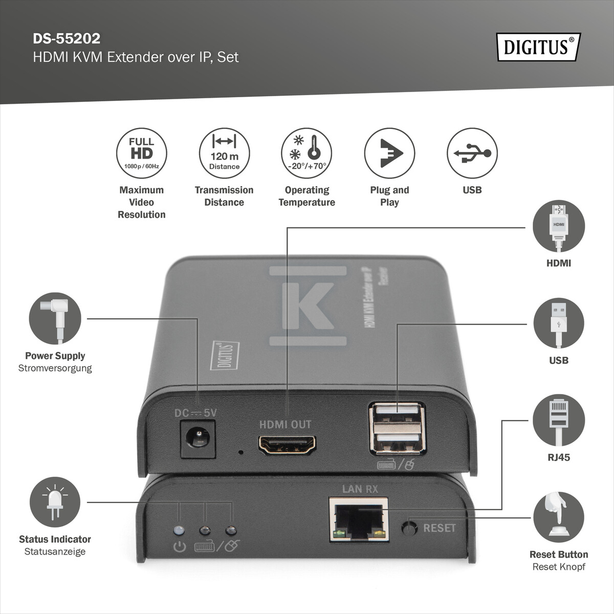 Przedłużacz/Extender KVM HDMI+USB 120m - DS-55202