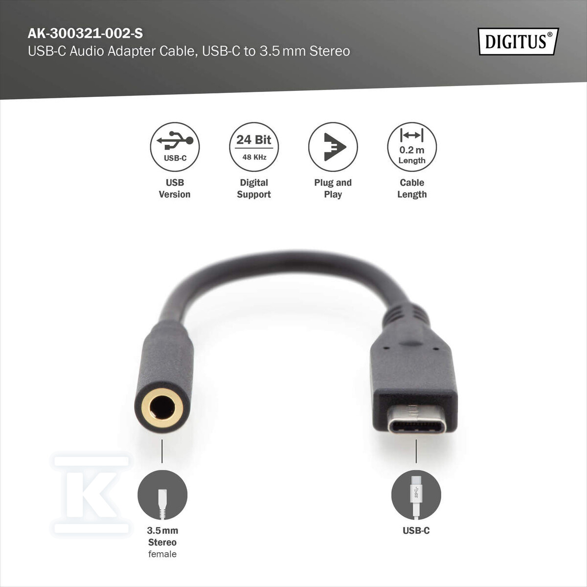 Kabel USB C/MiniJack 3.5mm M/F czarny - AK-300321-002-S