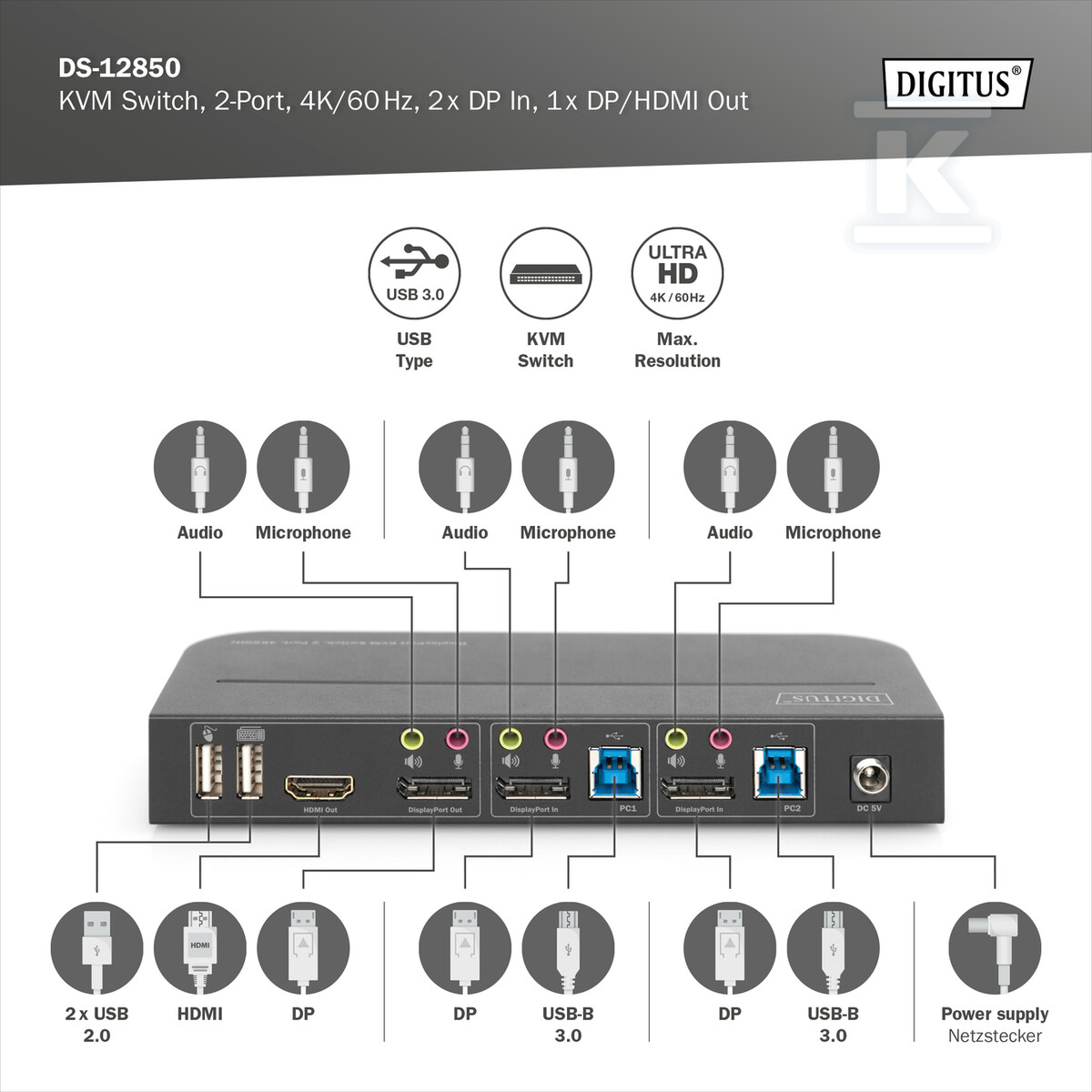 Przełącznik KVM, 2 portowy, 4K 60Hz, - DS-12850