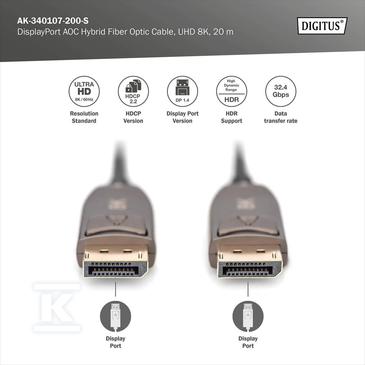 Kabel DP/DP M/M czarny 20m DisplayPort - AK-340107-200-S