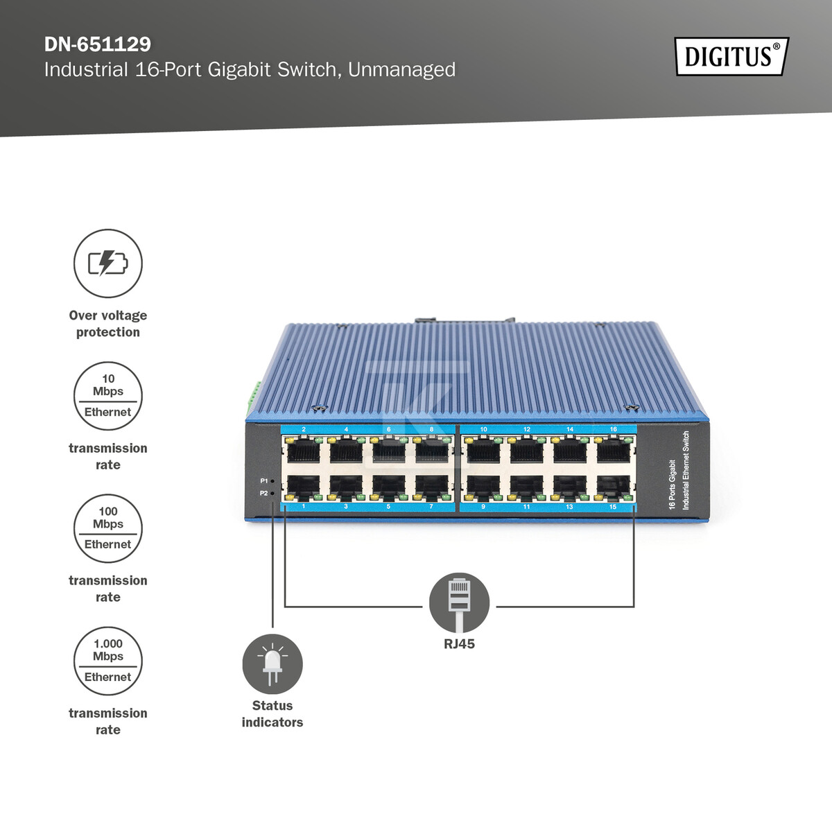Przemysłowy switch 16x 1000Base-TX DIN - DN-651129