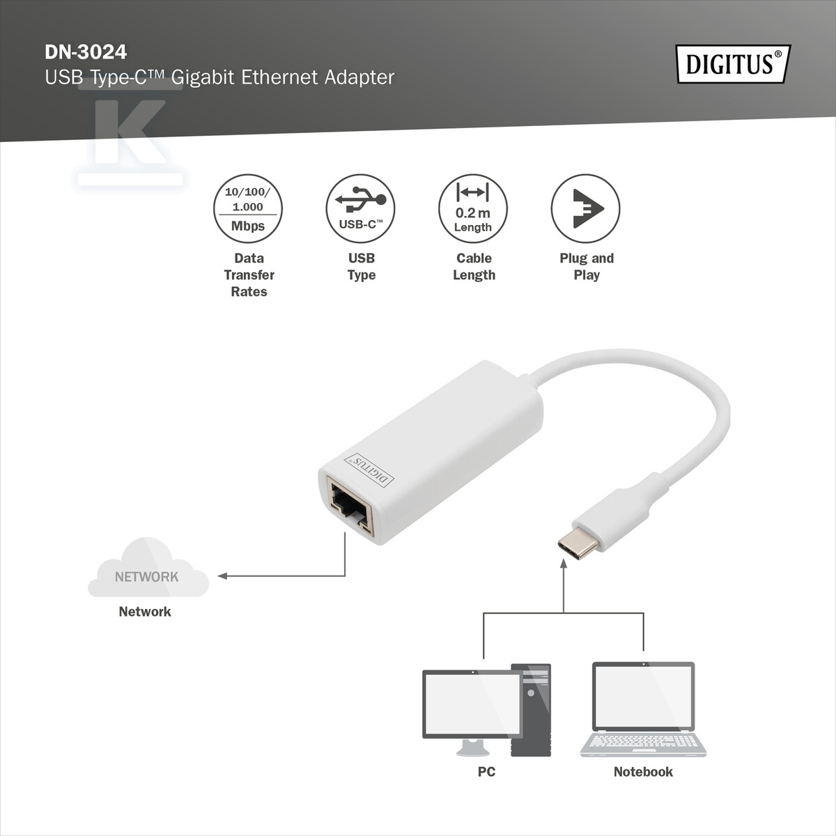 Karta sieciowa przewodowa USB 3.0 Typ C - DN-3024