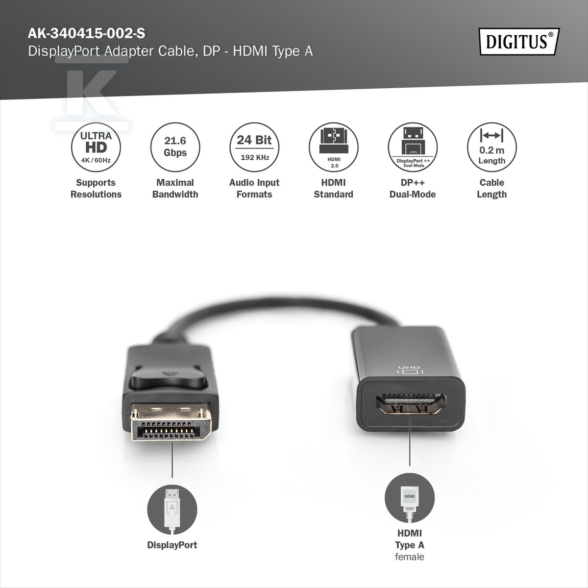 Kabel DP/HDMI z zatrzaskiem aktywny - AK-340415-002-S
