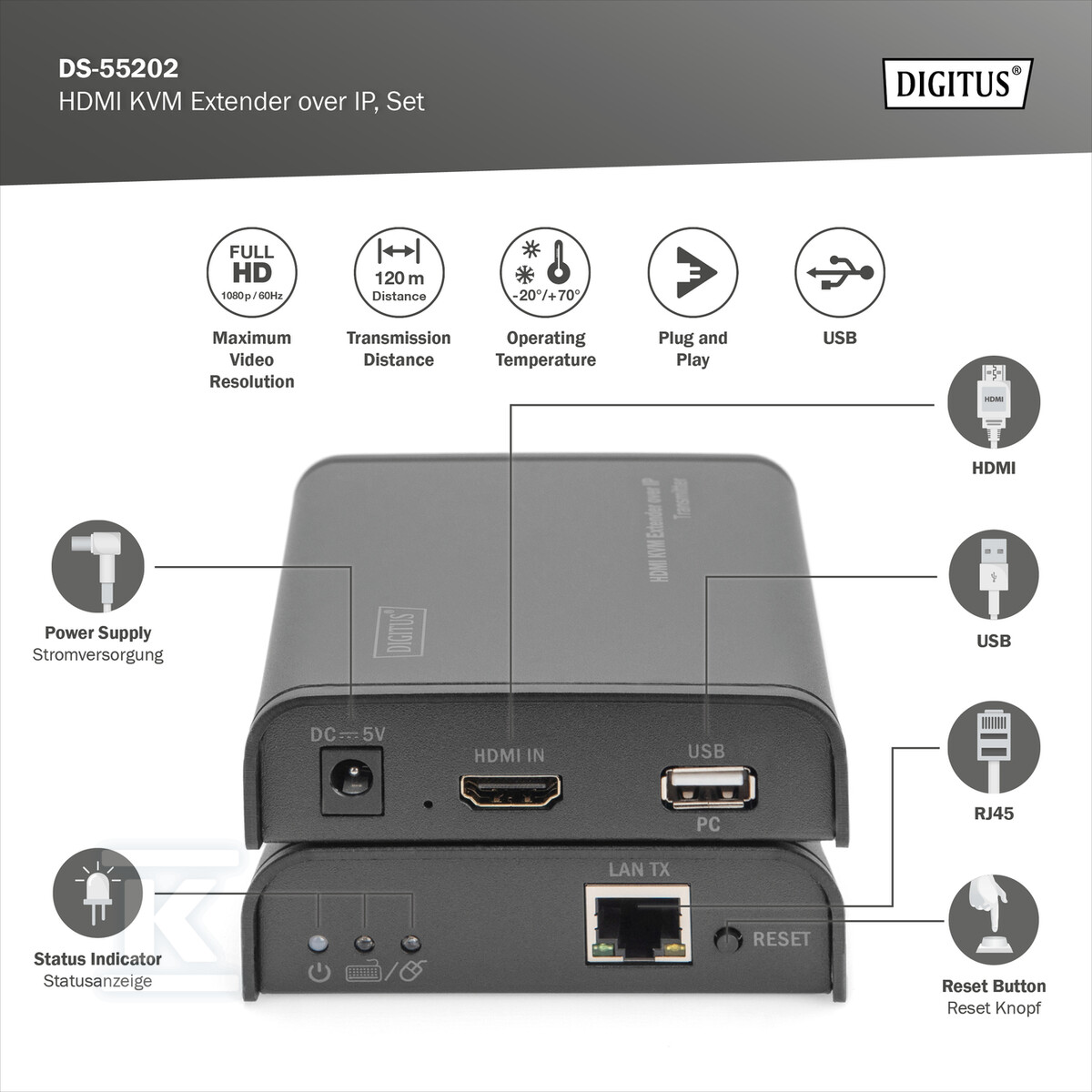 Przedłużacz/Extender KVM HDMI+USB 120m - DS-55202