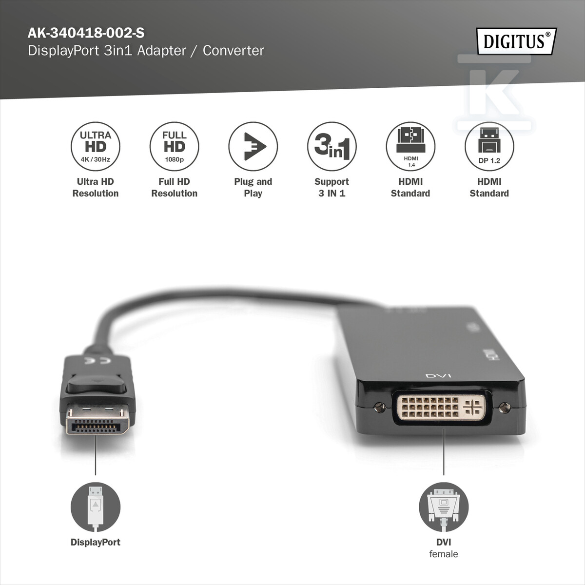Kabel DP/HDMI+DVI-I+VGA M/Ż czarny - AK-340418-002-S