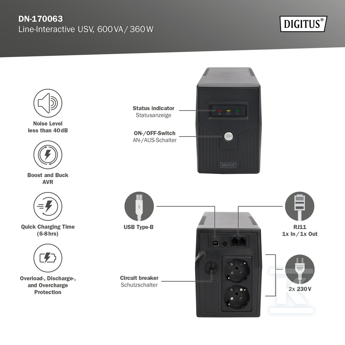 UPS Line-Ineractive LED, 600VA/360W, - DN-170063