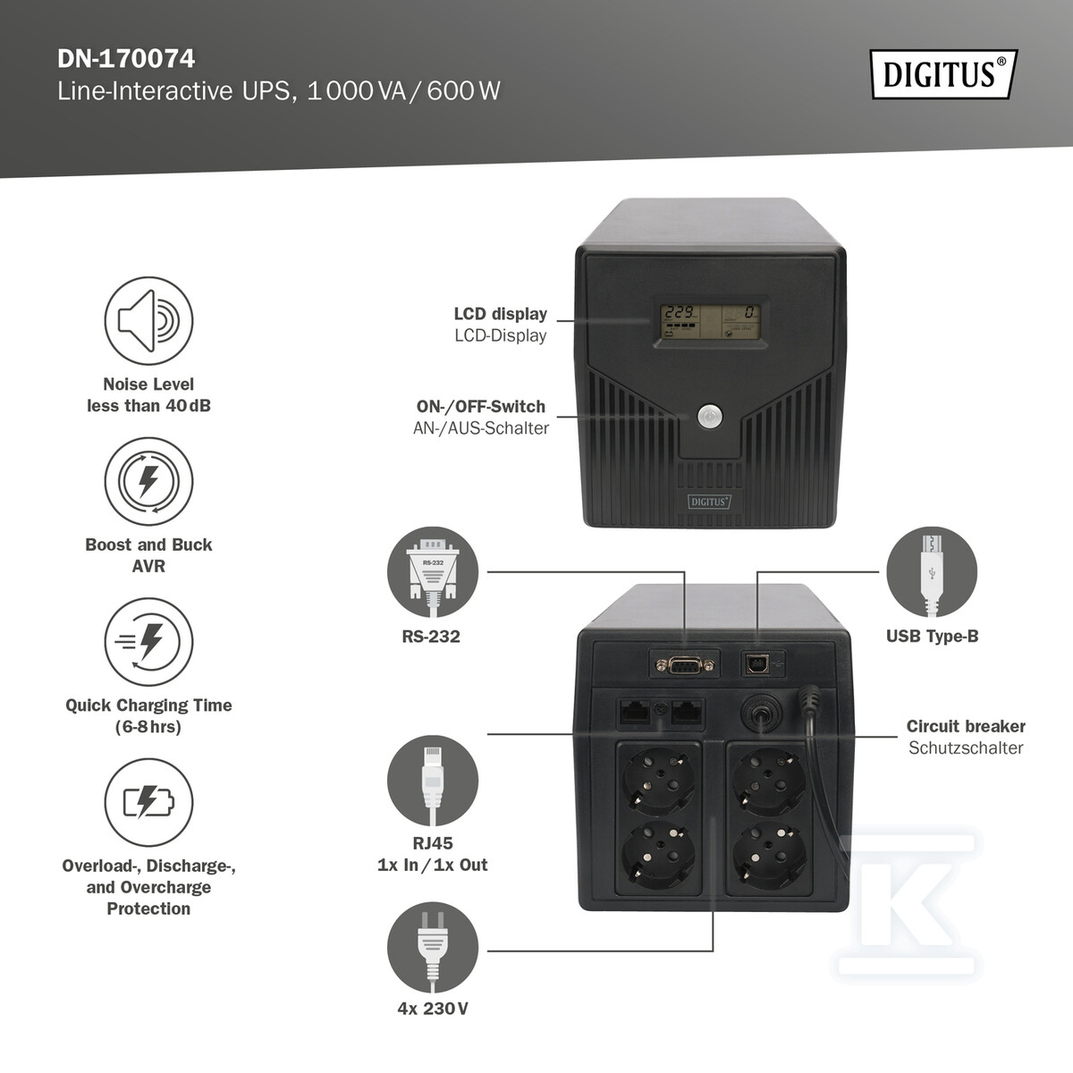 UPS Line-Ineractive LCD, 1000VA/600W, - DN-170074