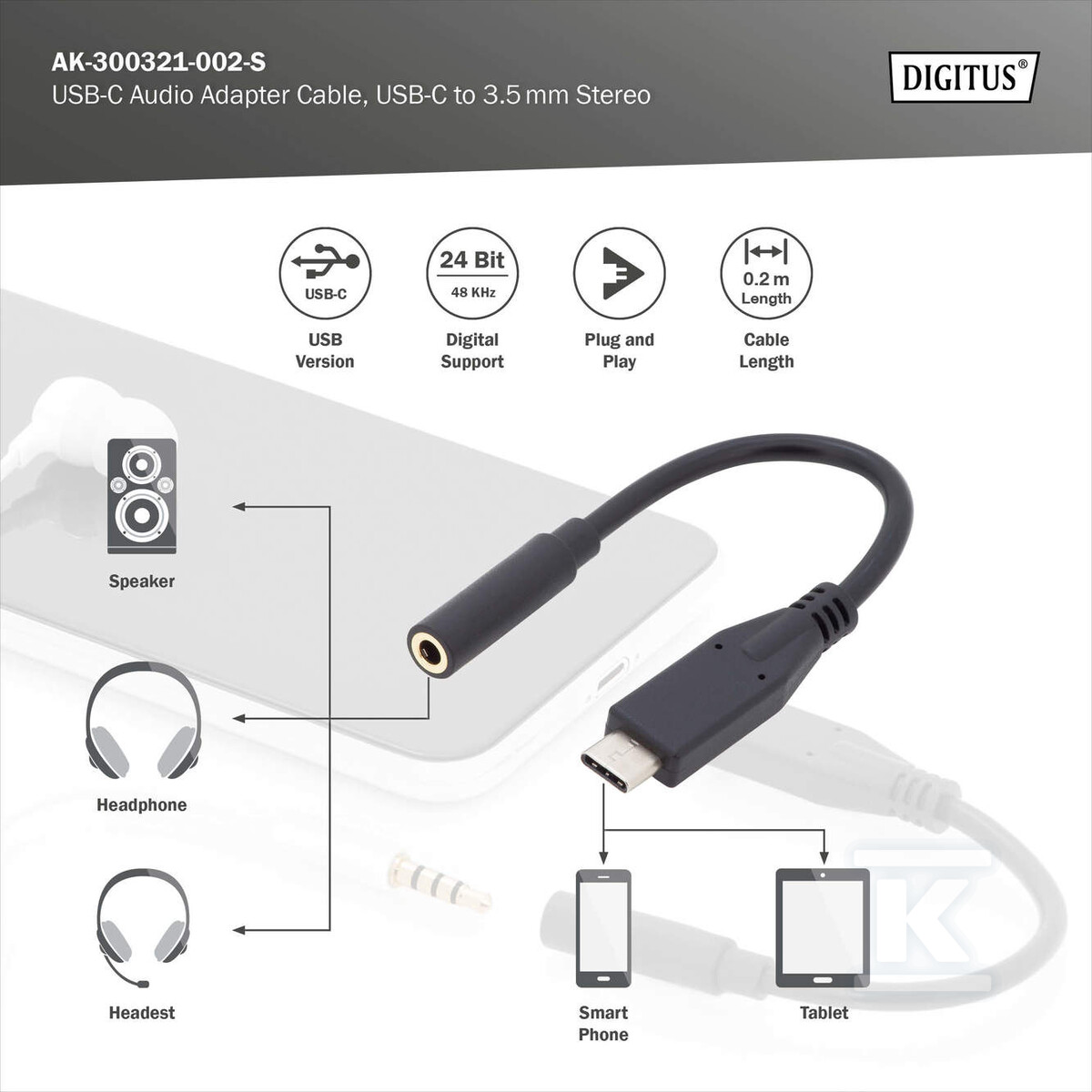 Kabel USB C/MiniJack 3.5mm M/F czarny - AK-300321-002-S