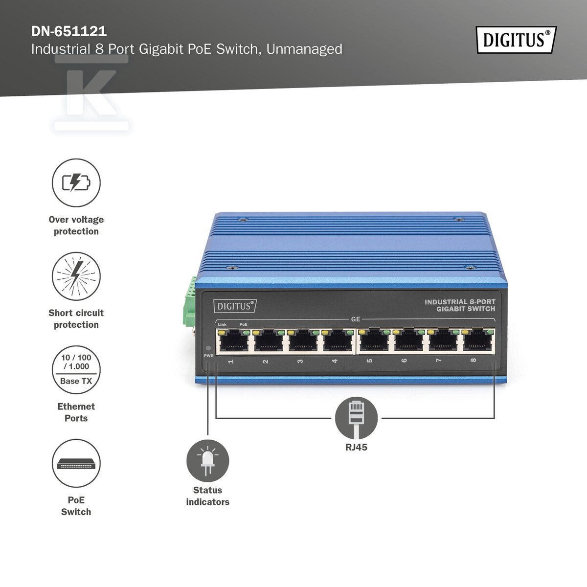 Przemysłowy switch 8x 1000Base-TX PoE - DN-651121