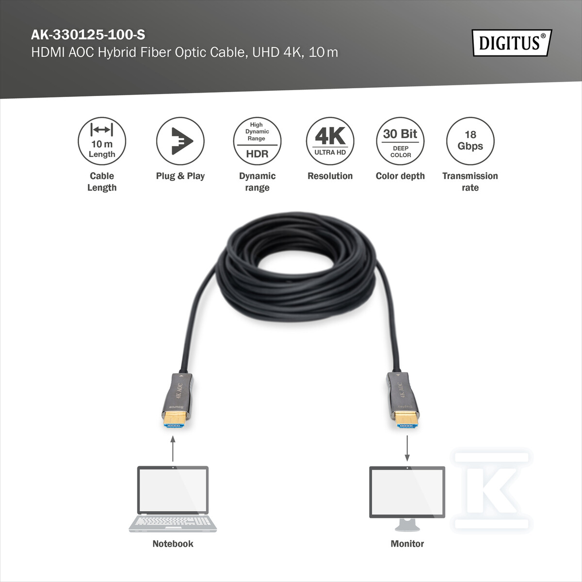 Kabel połączeniowy hybrydowy HDMI 2.0 - AK-330125-100-S