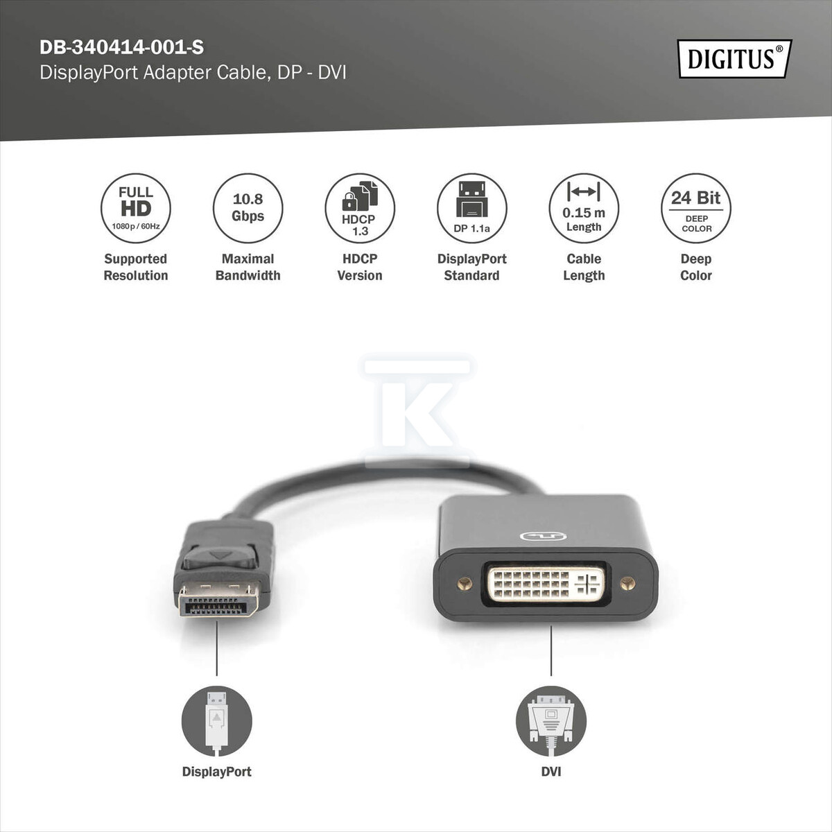 DisplayPort adapter cable, DP - DVI - DB-340414-001-S