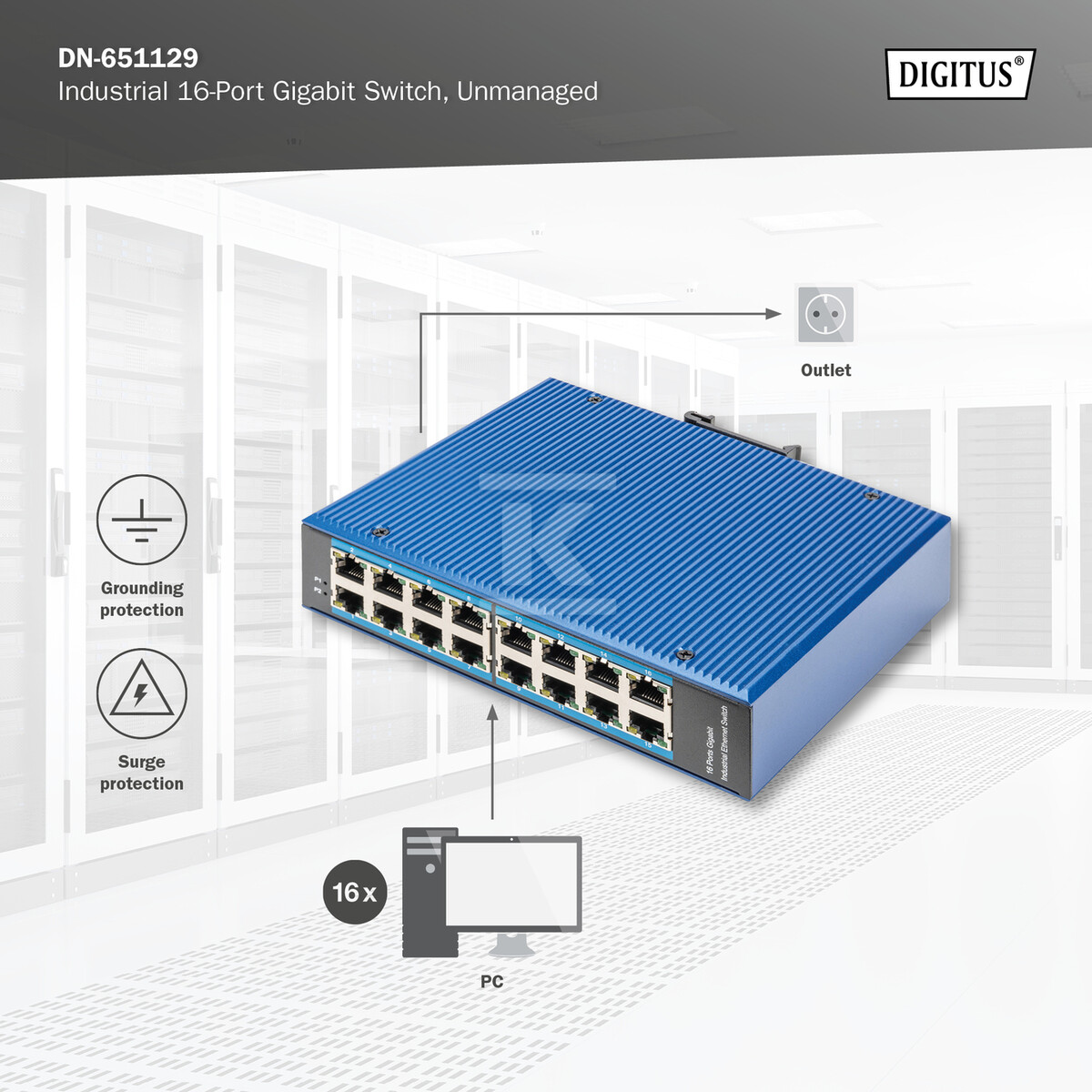 Przemysłowy switch 16x 1000Base-TX DIN - DN-651129