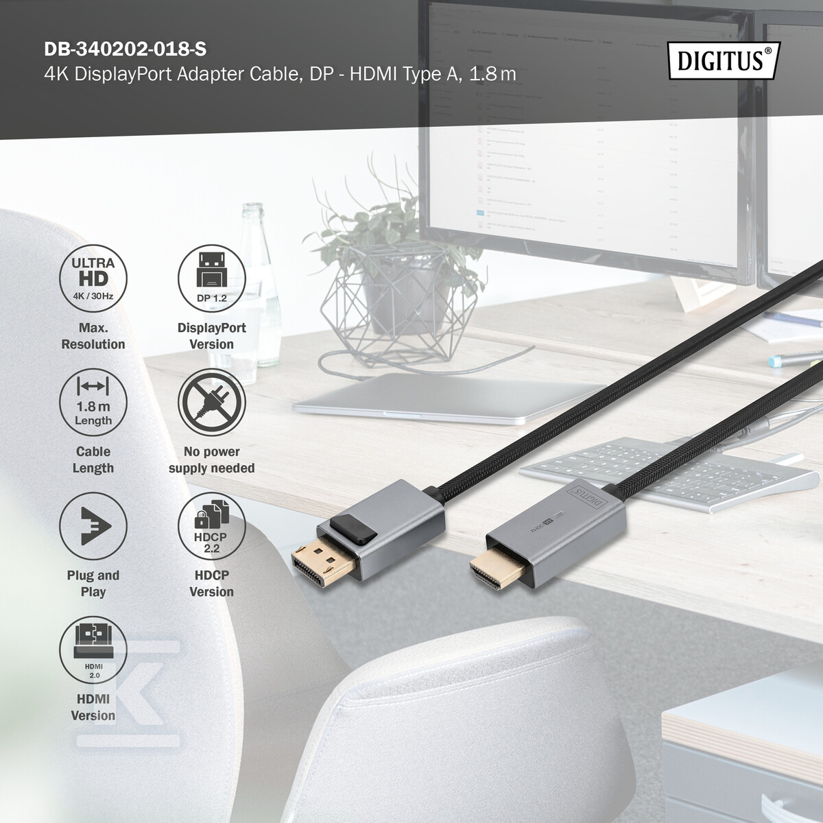 Kabel adapter PREMIUM DisplayPort - - DB-340202-018-S