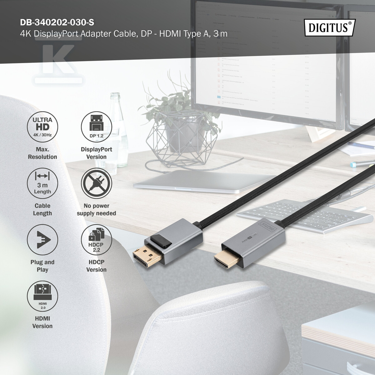 Kabel adapter PREMIUM DisplayPort - - DB-340202-030-S