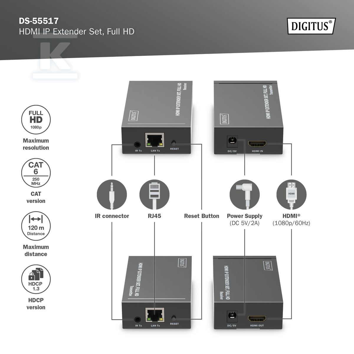 Przedłużacz/Extender HDMI 1080p 60Hz - DS-55517