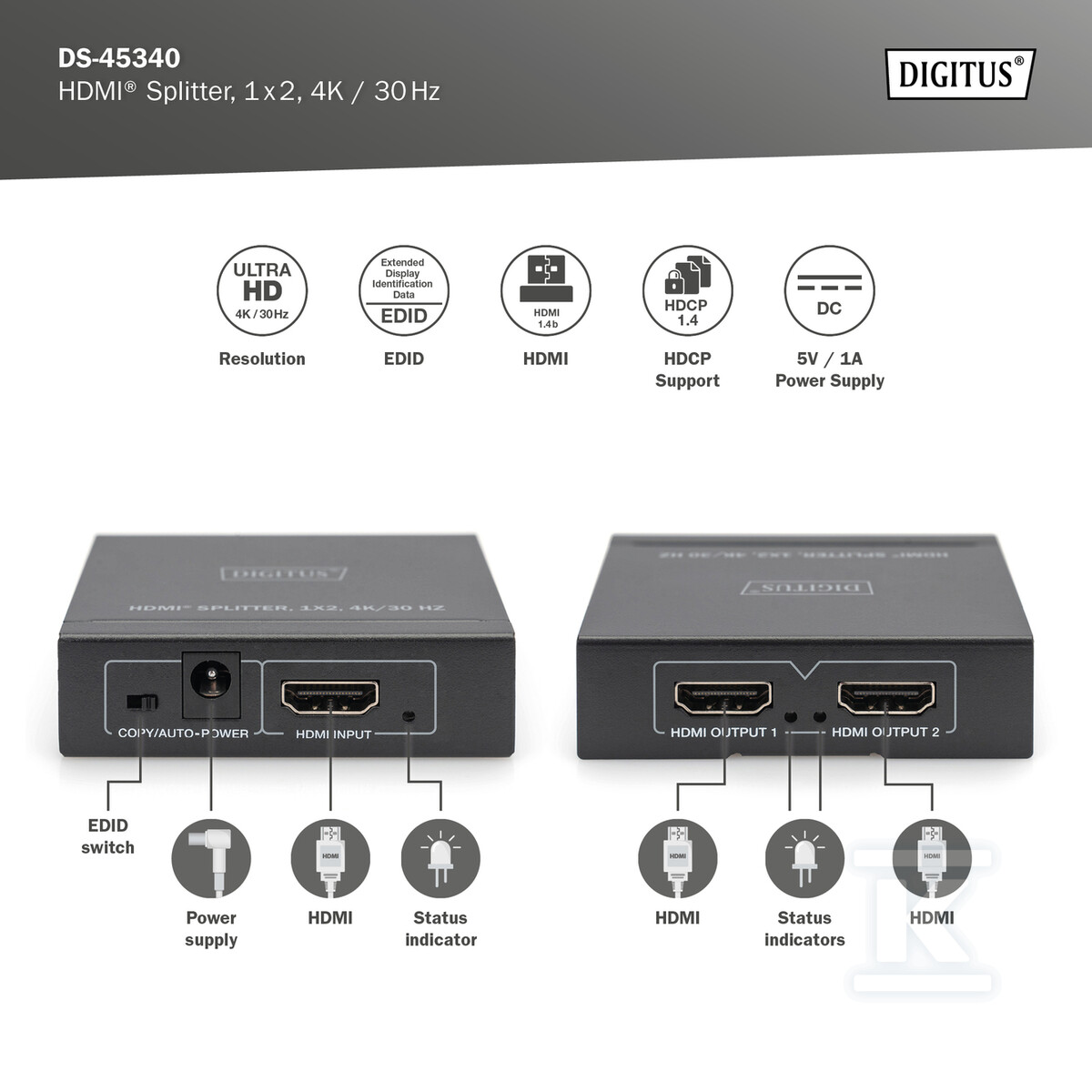 Splitter HDMI 2-portowy 4K/30Hz EDID - DS-45340