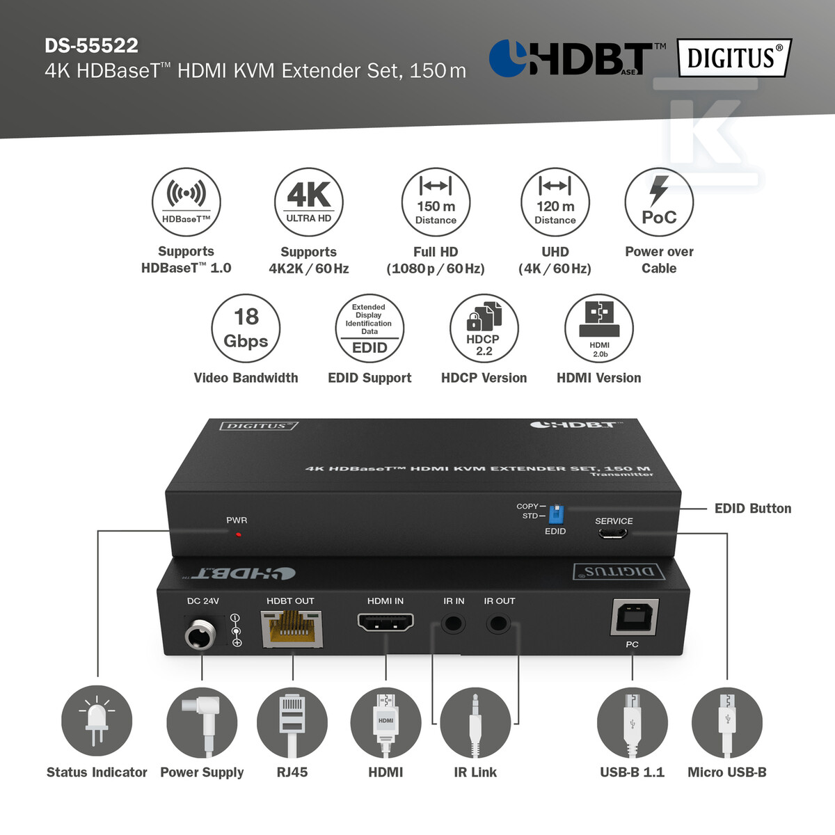 Przedłużacz/Extender HDMI 4K60Hz 150m - DS-55522