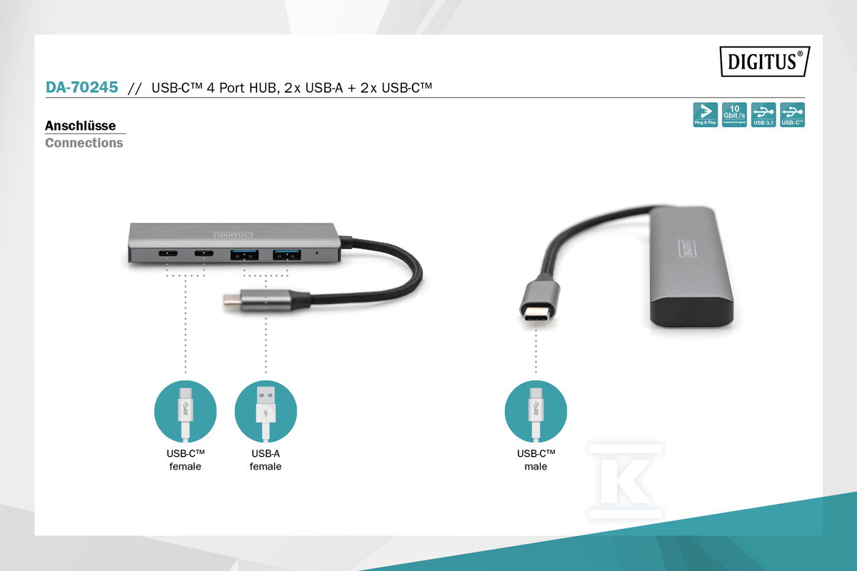 Hub USB Typ C 4-portowy 2x USB-A, 2x - DA-70245
