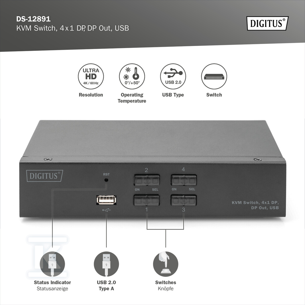 Przełącznik KVM, 4 portowy, 4K 60Hz, - DS-12891
