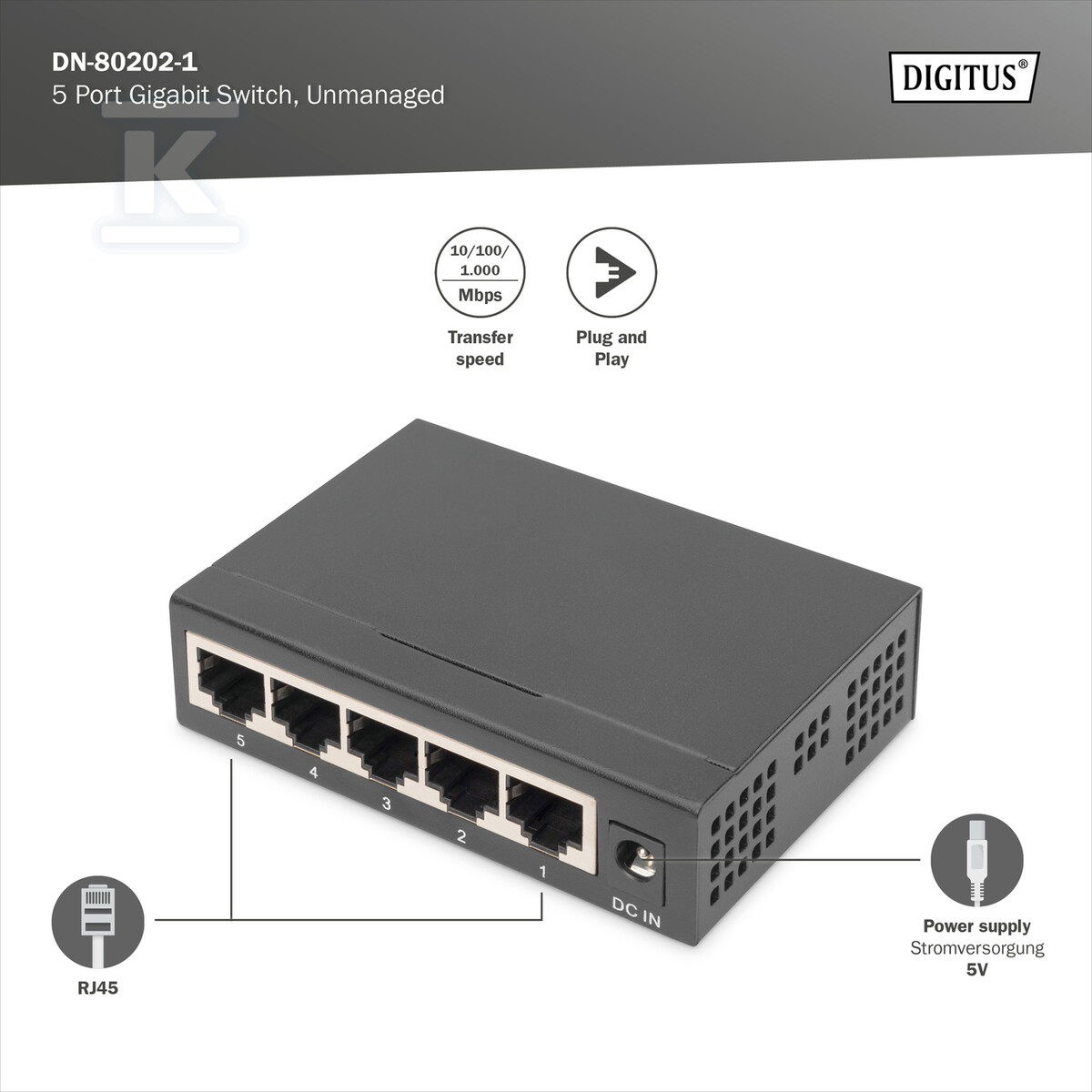 Switch niezarządzalny 5-portowy Gigabit - DN-80202-1