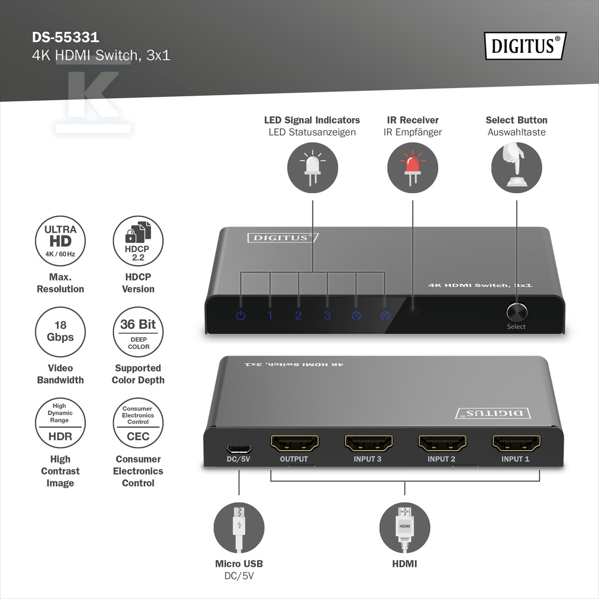 Przełącznik / Switch HDMI 3x1, 4K/60Hz - DS-55331