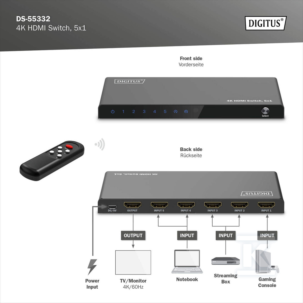 Przełącznik / Switch HDMI 5x1, 4K/60Hz - DS-55332