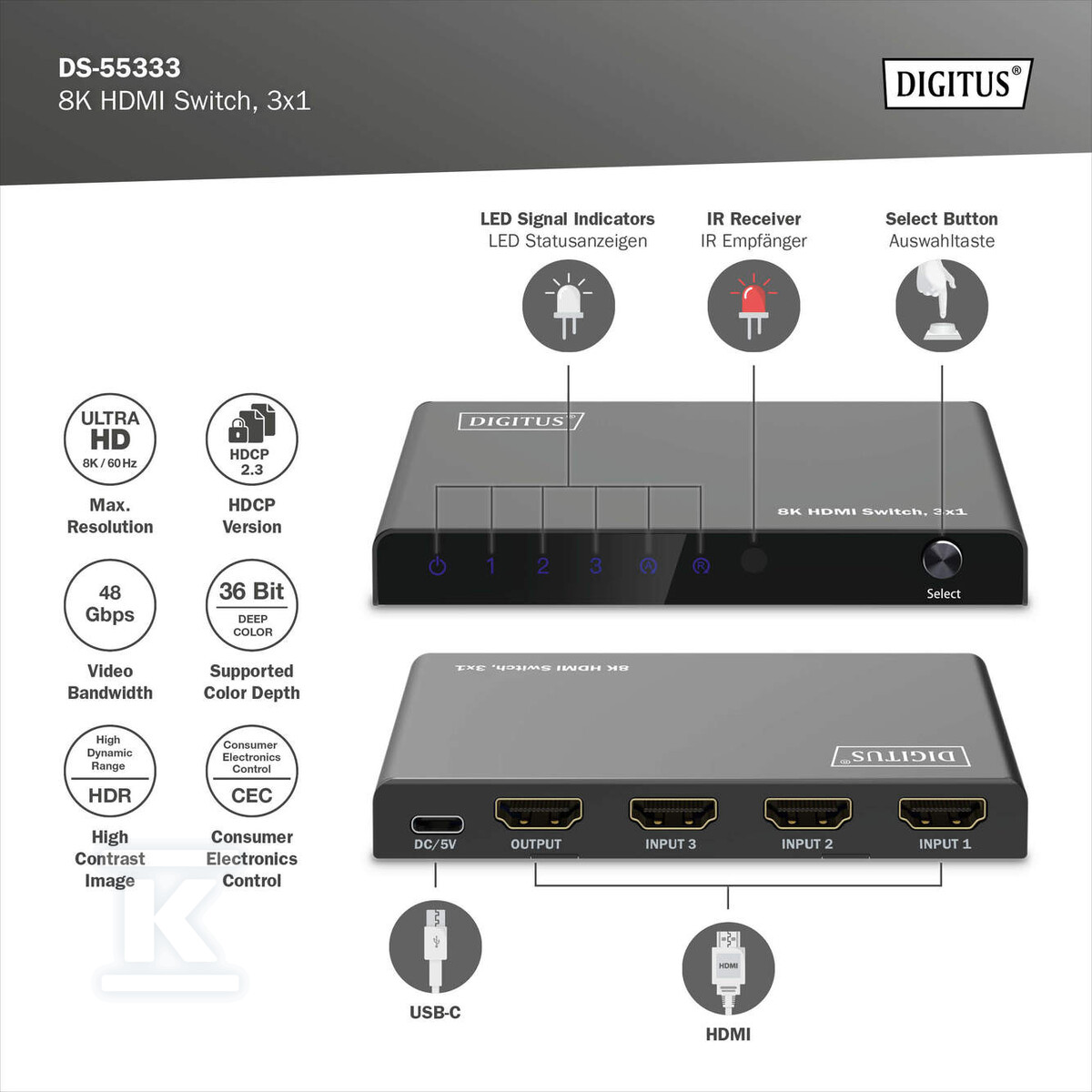Przełącznik / Switch HDMI 3x1, 8K/60Hz - DS-55333