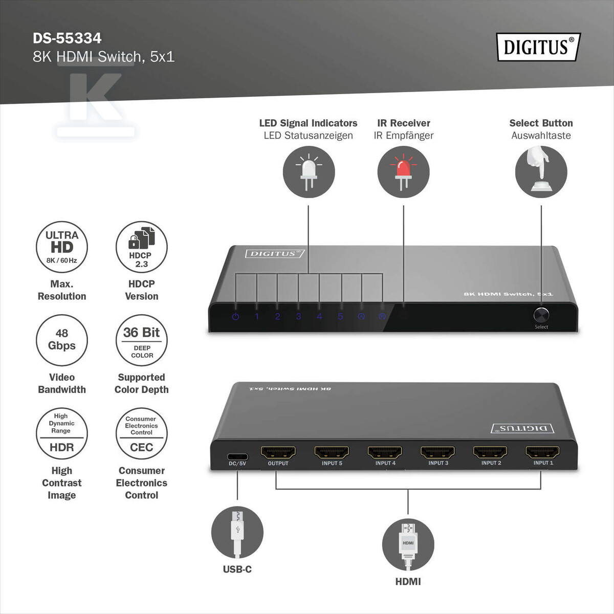Przełącznik / Switch HDMI 5x1, 8K/60Hz - DS-55334