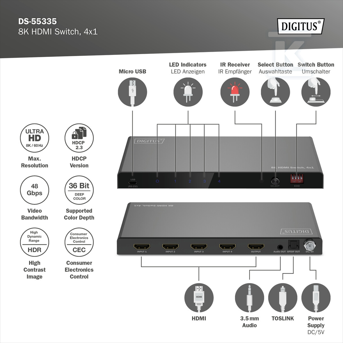 Przełącznik / Switch HDMI 4x1, 8K/60Hz - DS-55335