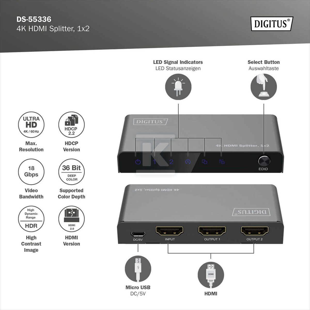 Rozdzielacz / Splitter HDMI 1x2, - DS-55336